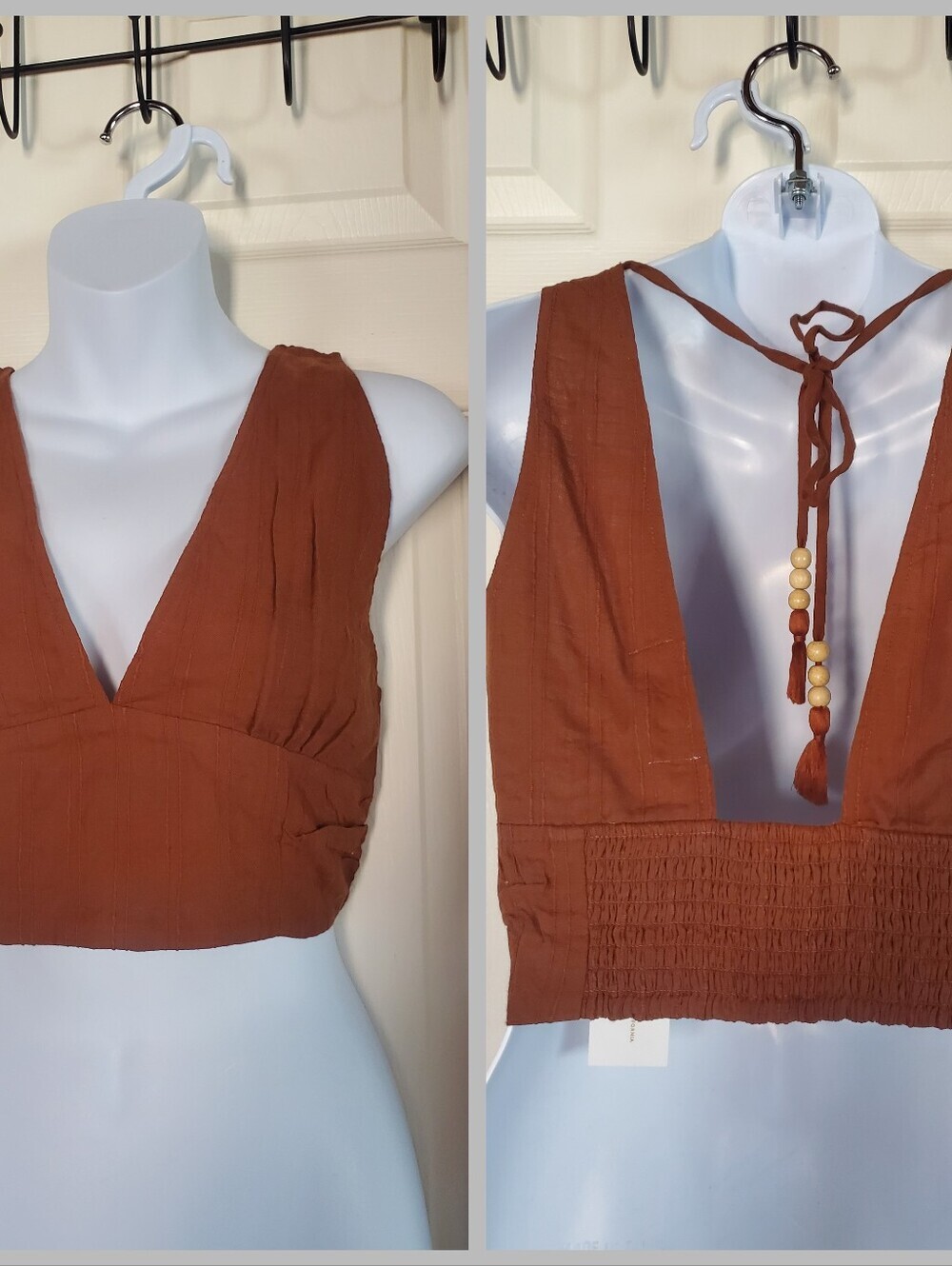Deep V Tie-Back Crop Top in Rust Beaded Tassel Sexy Summer Festival Size Medium